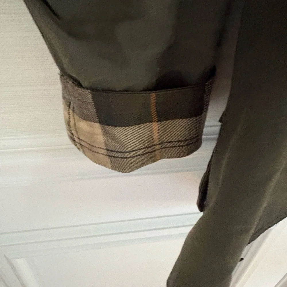 Barbour Dark Olive Waxed Cotton Trench Coat with Brown Corduroy Collar